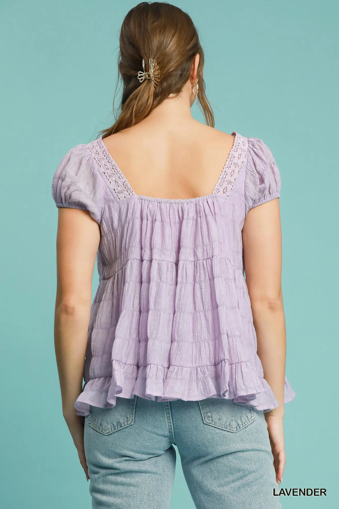 Lavender Umgee Textured Square Neck Bow Tie Blouse With Ruffle Hem
