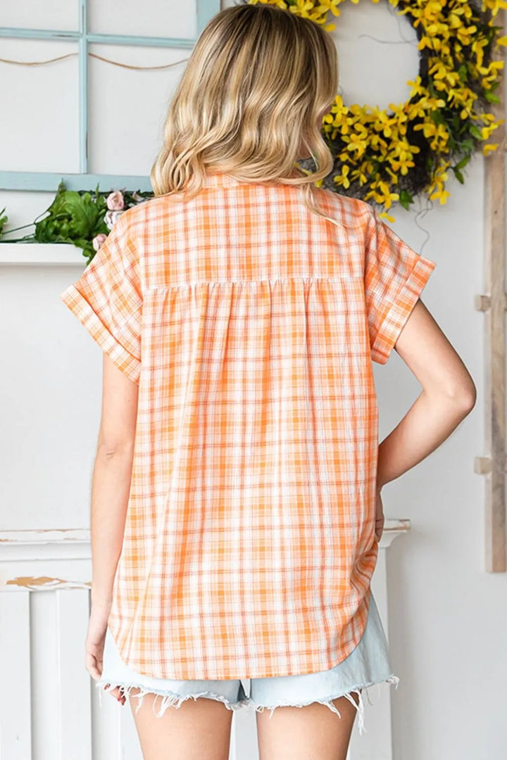 Orange Cotton Bleu By Nu Label Plaid Button Up Short Sleeve Shirt