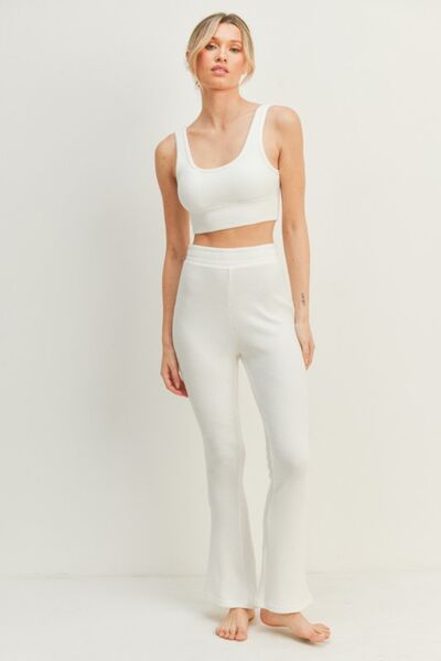 White Kimberly C Waffle Tank And High Waist Flare Pants Set