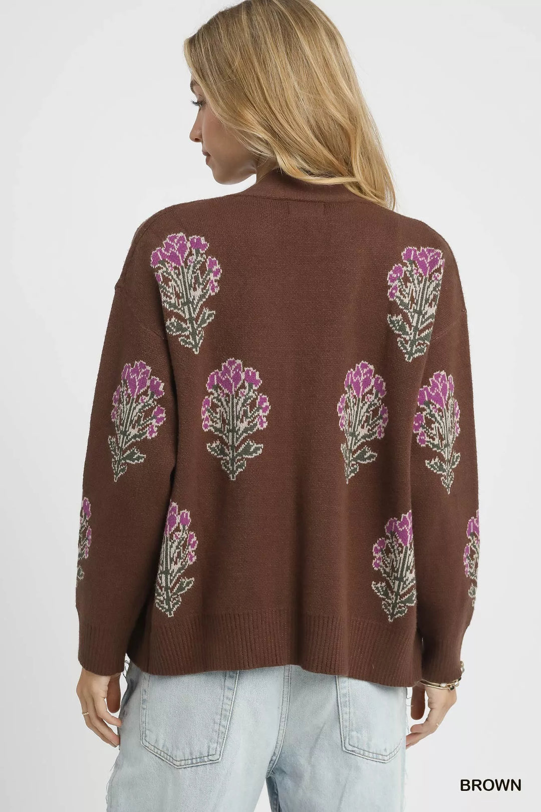 Umgee Single Flower Stem Jacquard Cardigan Sweater