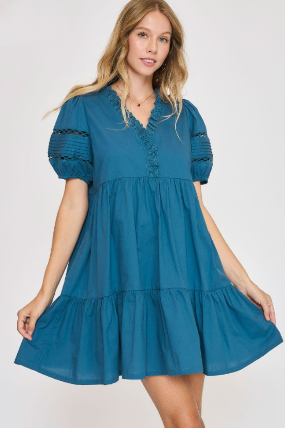 Cerulean Umgee Usa Full Size Lace Detail Puff Sleeve Mini Dress Plus Size