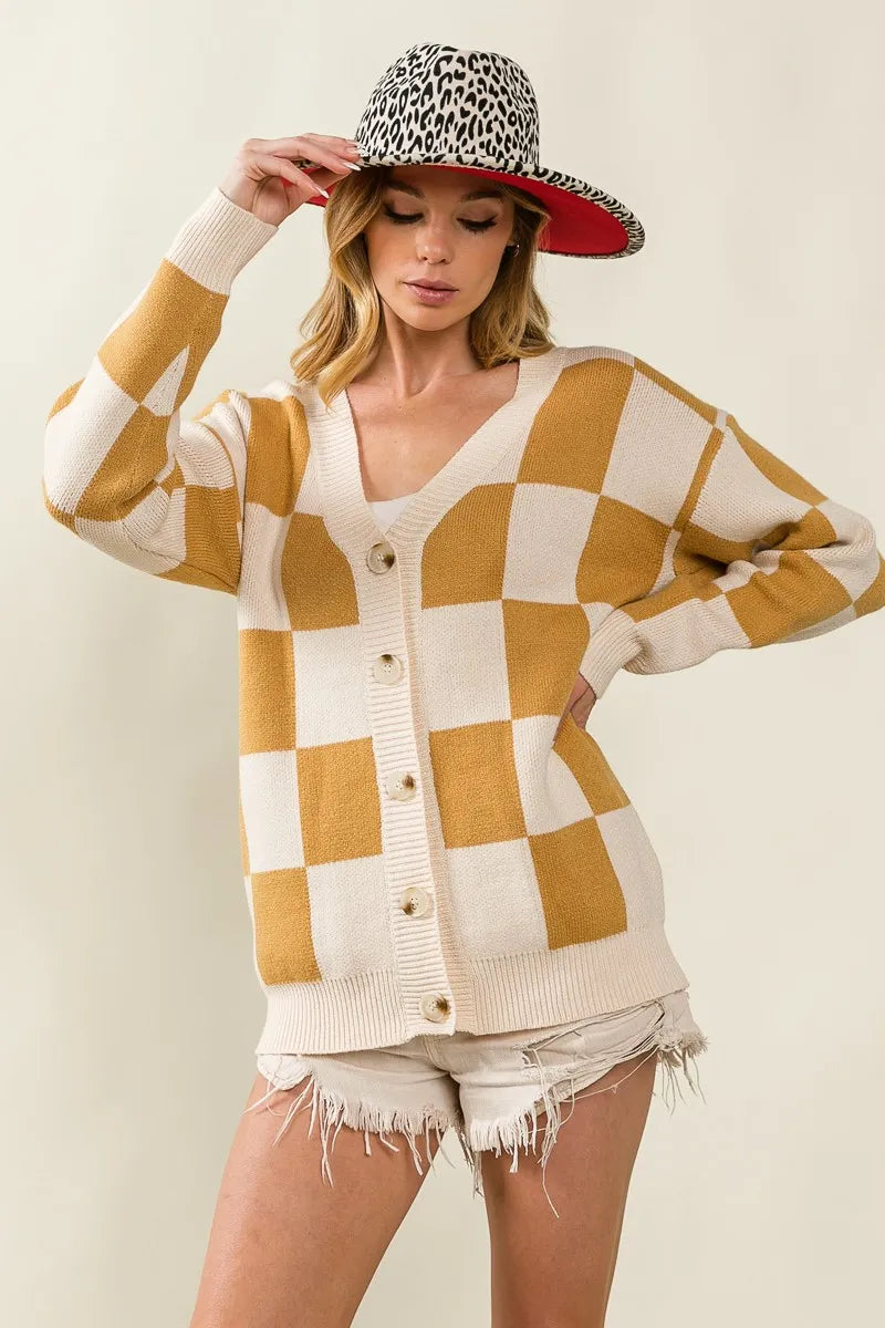 Bibi Checked V Neck Cardigan