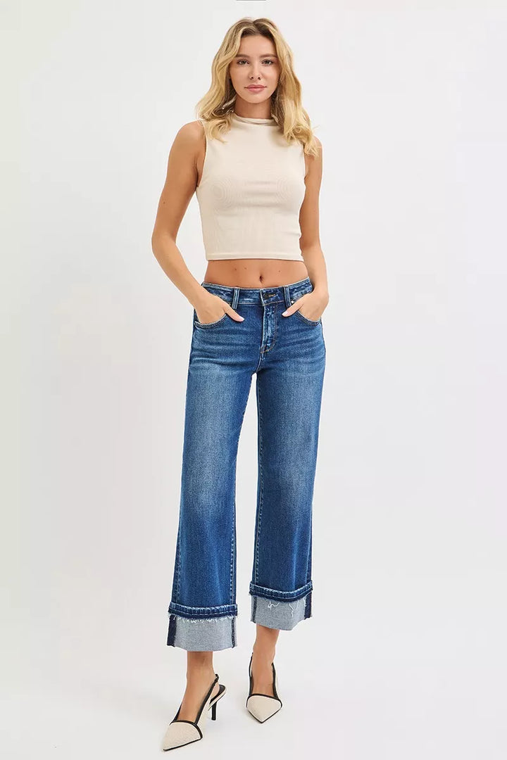 Dark Risen Mid Rise Ankle Straight Jeans With Cuffed Hem