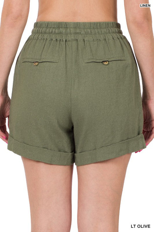 Deep Camel Linen Drawstring Waist Shorts With Pockets
