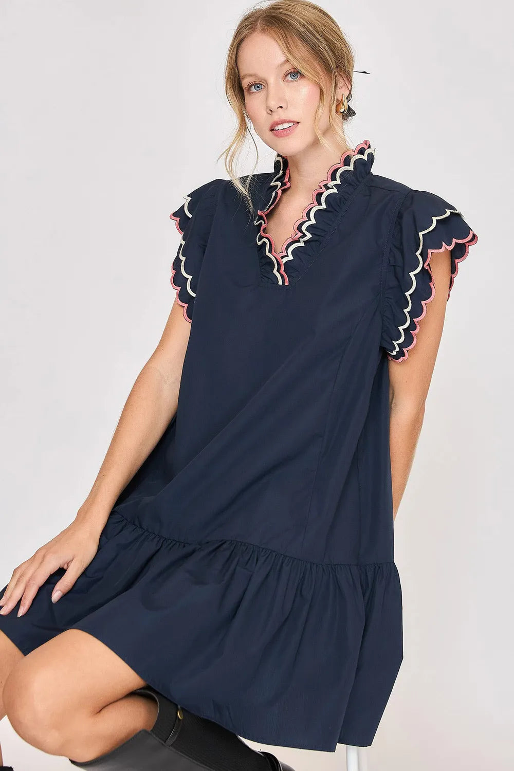 Dark Navy Umgee Full Size Ruffled Scalloped Sleeved Dress Plus Size