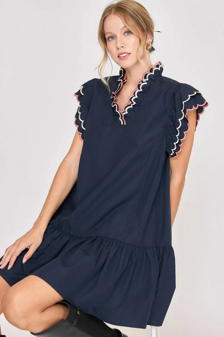 Dark Navy Umgee Full Size Ruffled Scalloped Sleeved Dress Plus Size