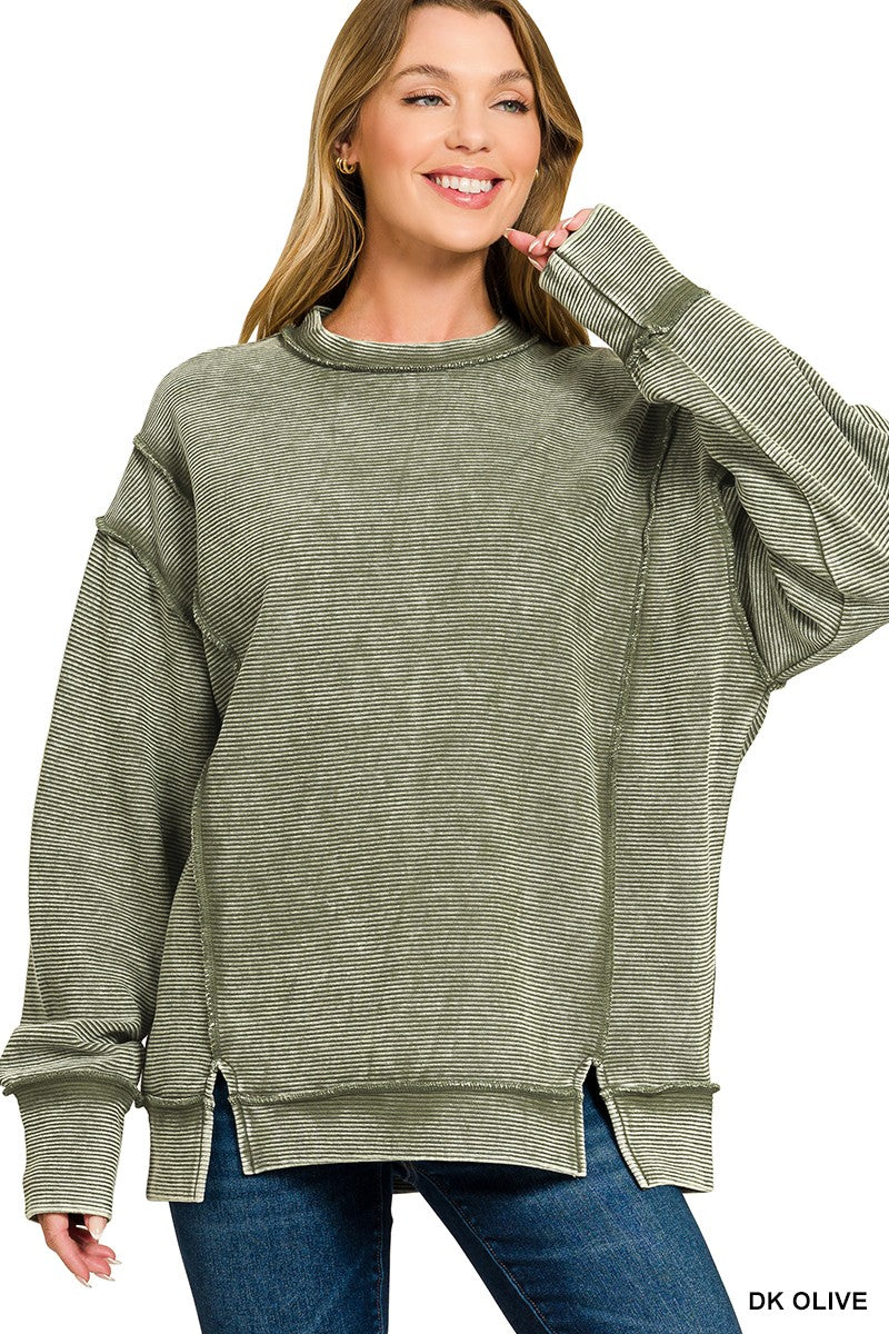 Dk Olive Zenana Acid Washed Double Ribbed Exposed Seam Sweatshirt 1