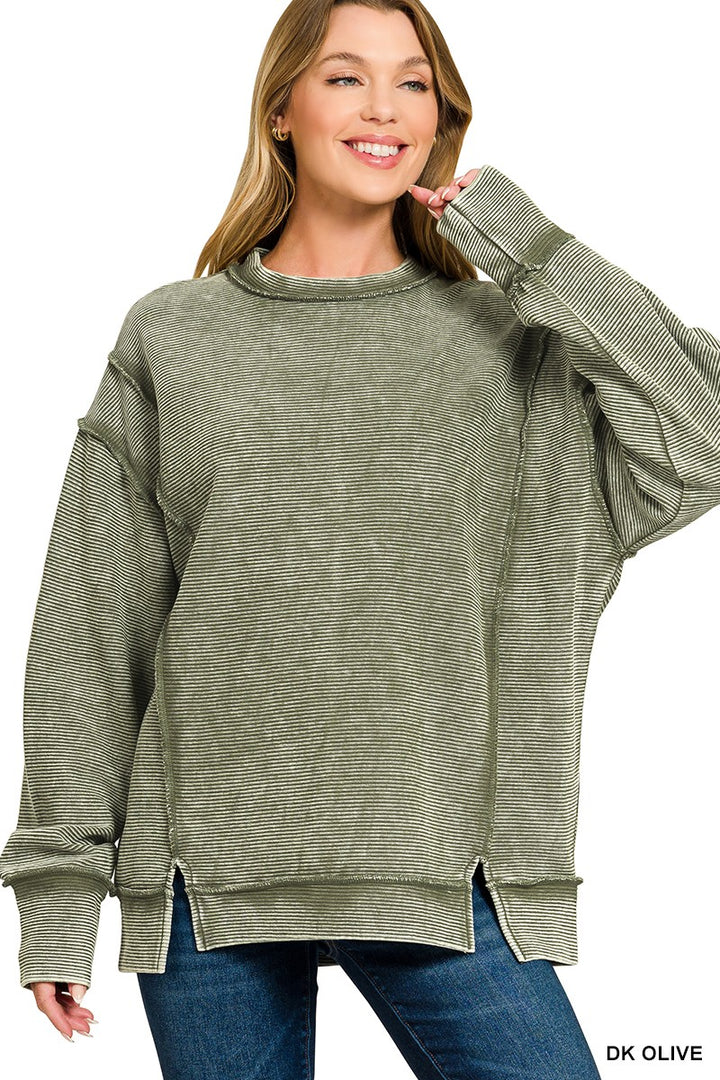 Dk Olive Zenana Acid Washed Double Ribbed Exposed Seam Sweatshirt 1