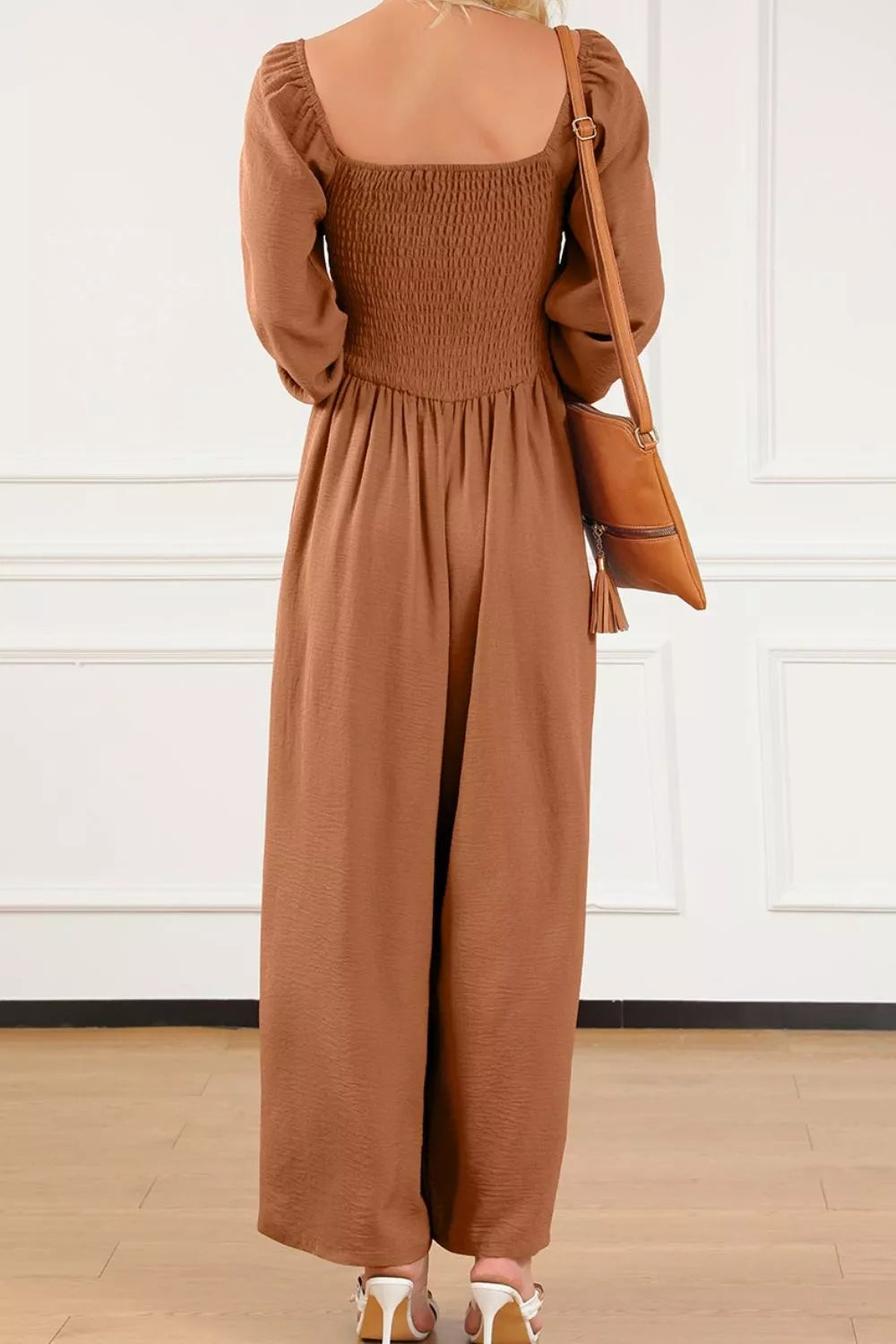 Caramel Boho Smocked Square Neck Wide Leg Jumpsuit