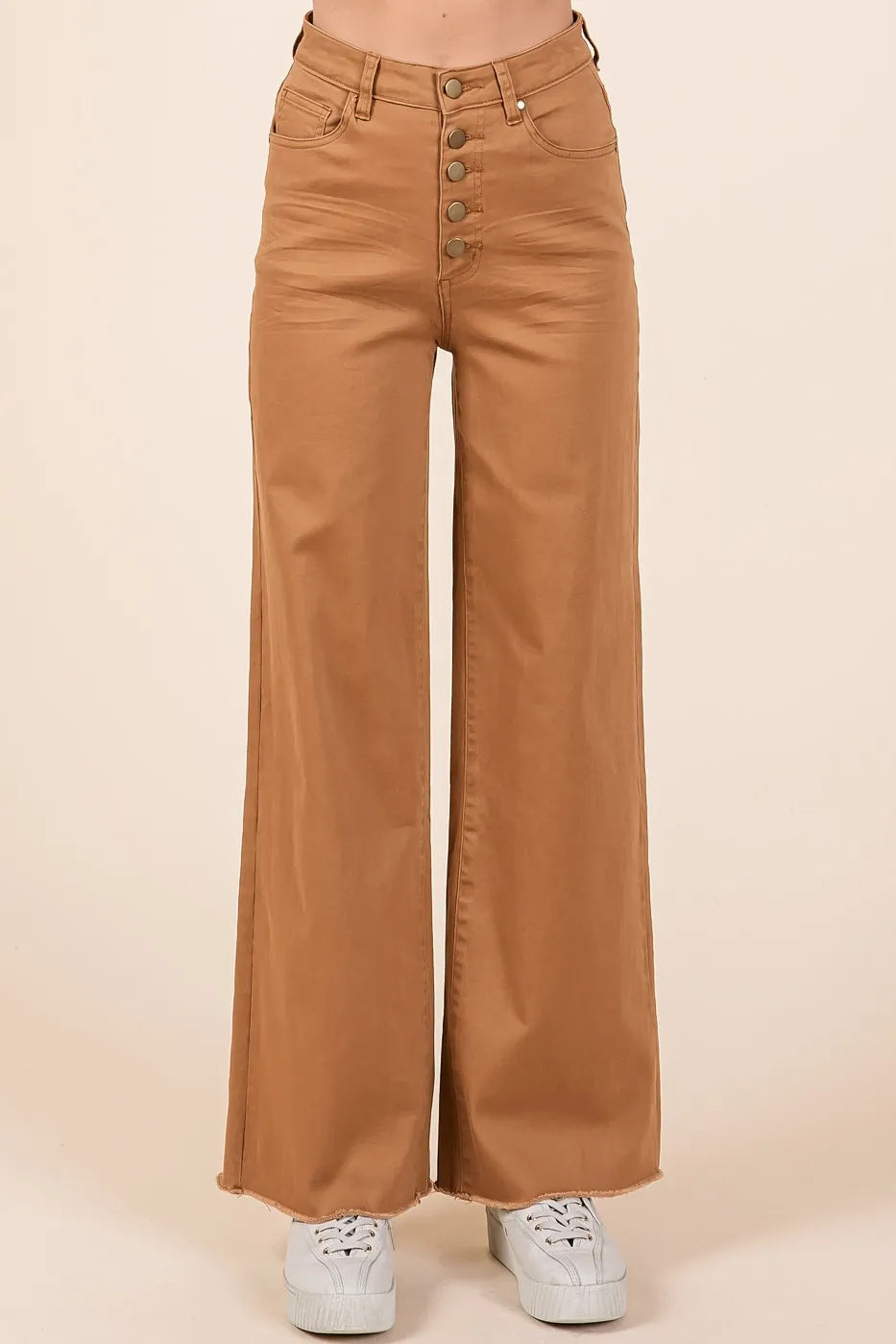 Camel Mittoshop Twill High Waisted Button Fly Wide Leg Pants