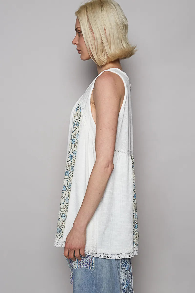 Offwhite Pol V Neck Sleeveless Tank Top With Lace Detail