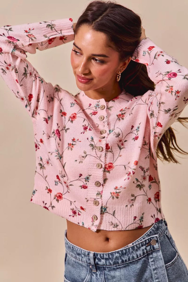 Blush So Me Floral Print Button Front Sweater Cardigan Top