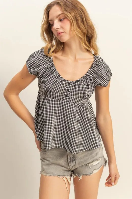 Black Hyfve Gingham Scoop Neck Cap Sleeve Blouse 2