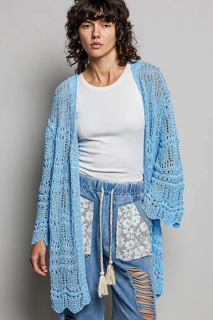Sky Blue Pol Openwork Lightweight Open Front Cardigan With Scalloped Edge