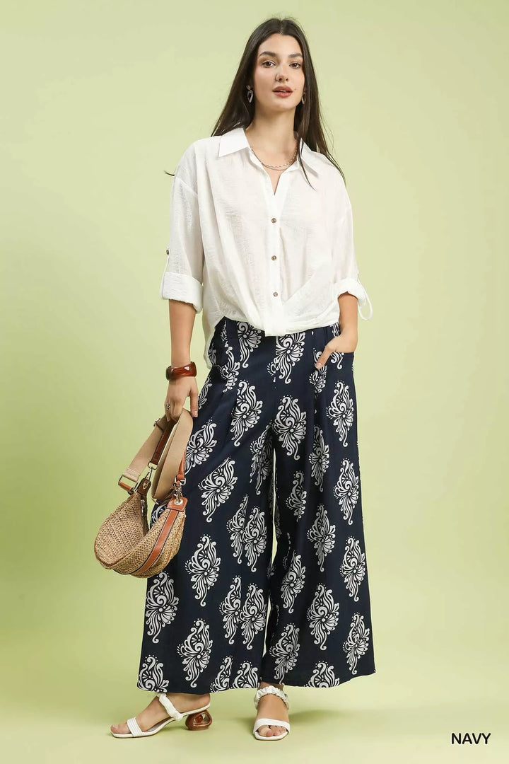 Navy Umgee Abstract Print Wide Leg Pants