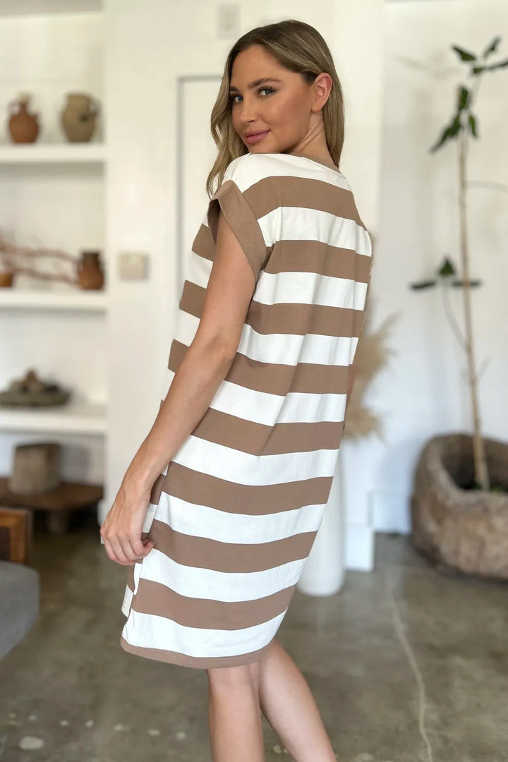 Camel Basic Bae Full Size Striped Round Neck Cap Sleeve Mini Dress
