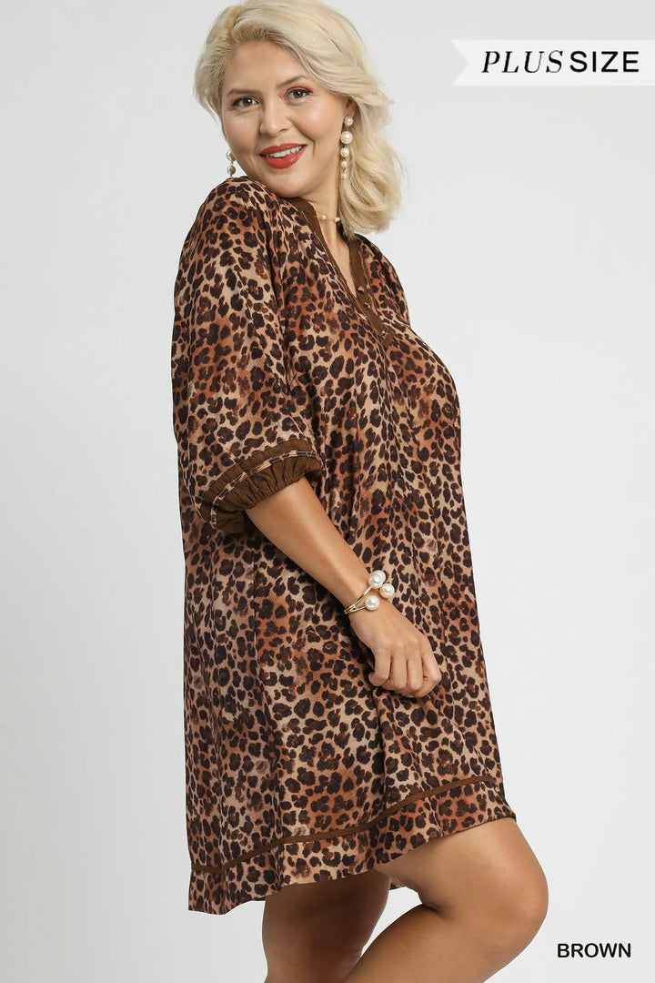 Umgee Full Size Leopard Print Mini Dress With Contrast Trim Plus Size