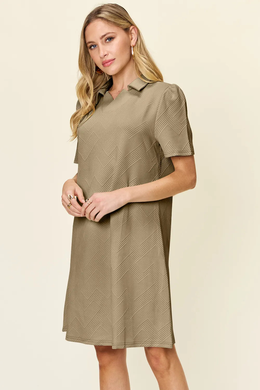 Khaki Double Take Full Size Texture Collared Neck Short Sleeve Dress