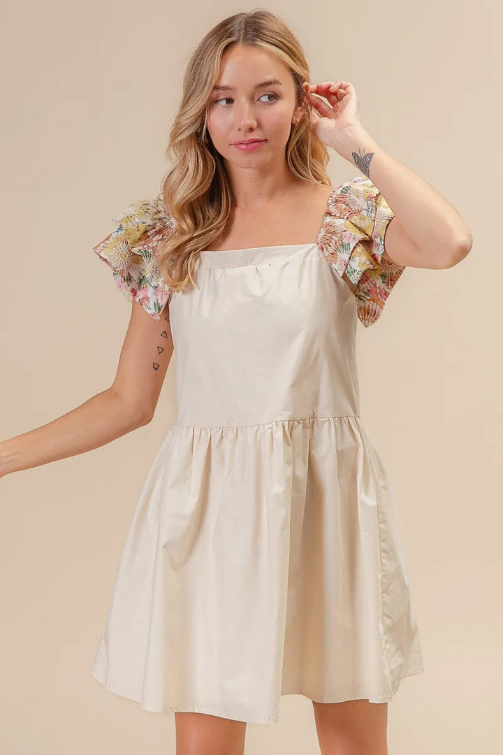 Oatmeal Bibi Flower Embroidered Floral Print Sleeve Dress