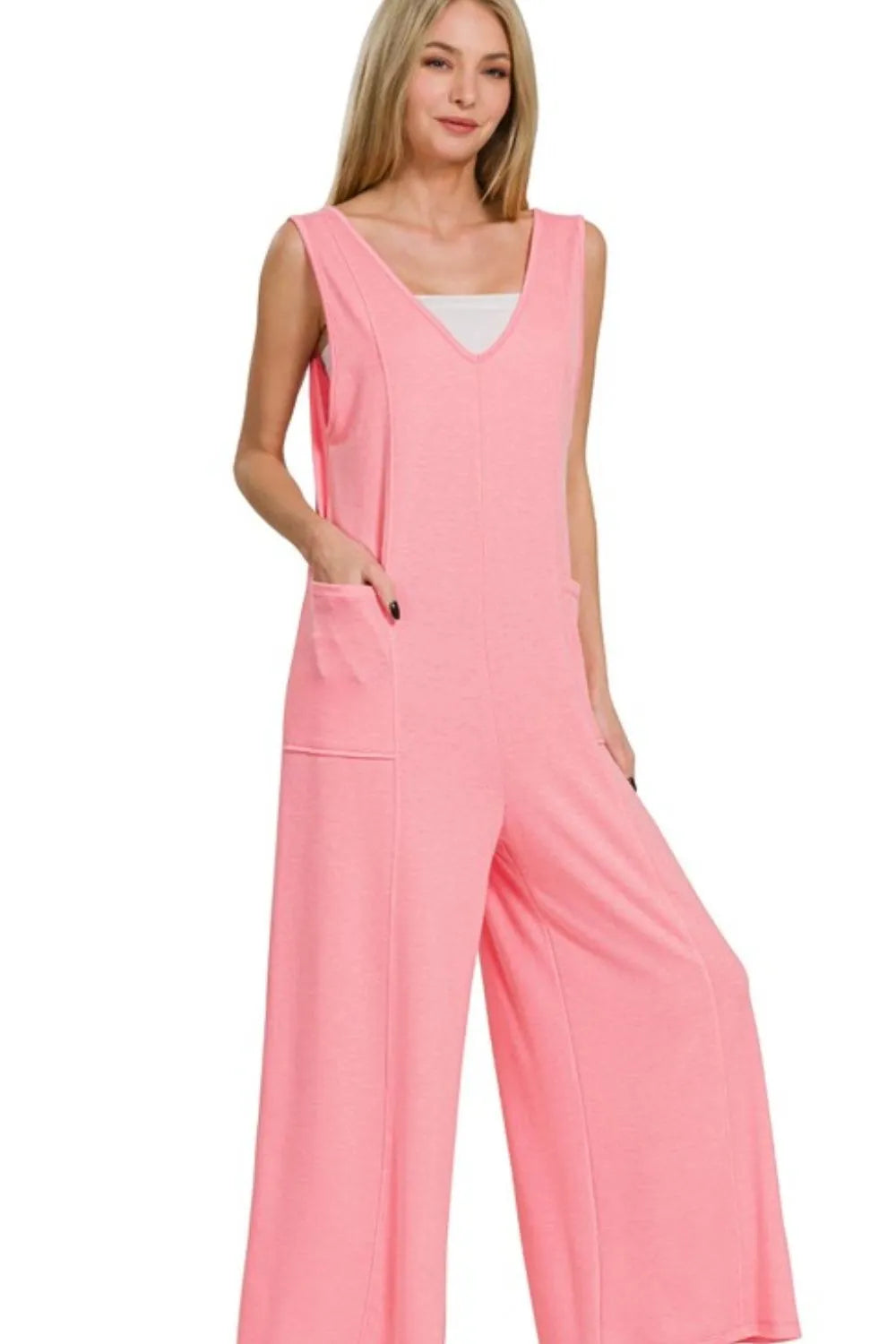 Dk Pink Zenana French Terry Deep V Neck Jumpsuits 3