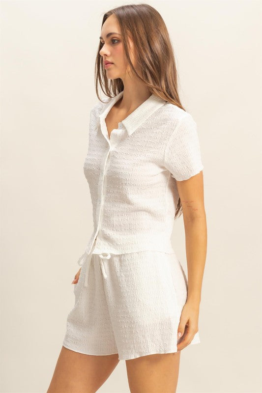 White Hyfve Textured Short Sleeve Top And Drawstring Shorts Knit Set