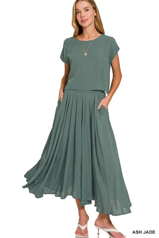 Ash Jade Zenana Woven Crinkle Gauze Crop Tee And Skirt Set