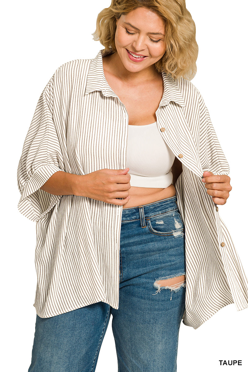 Zenana Full Size Woven Stripe Button Down Boxy Shirt Plus Size 1