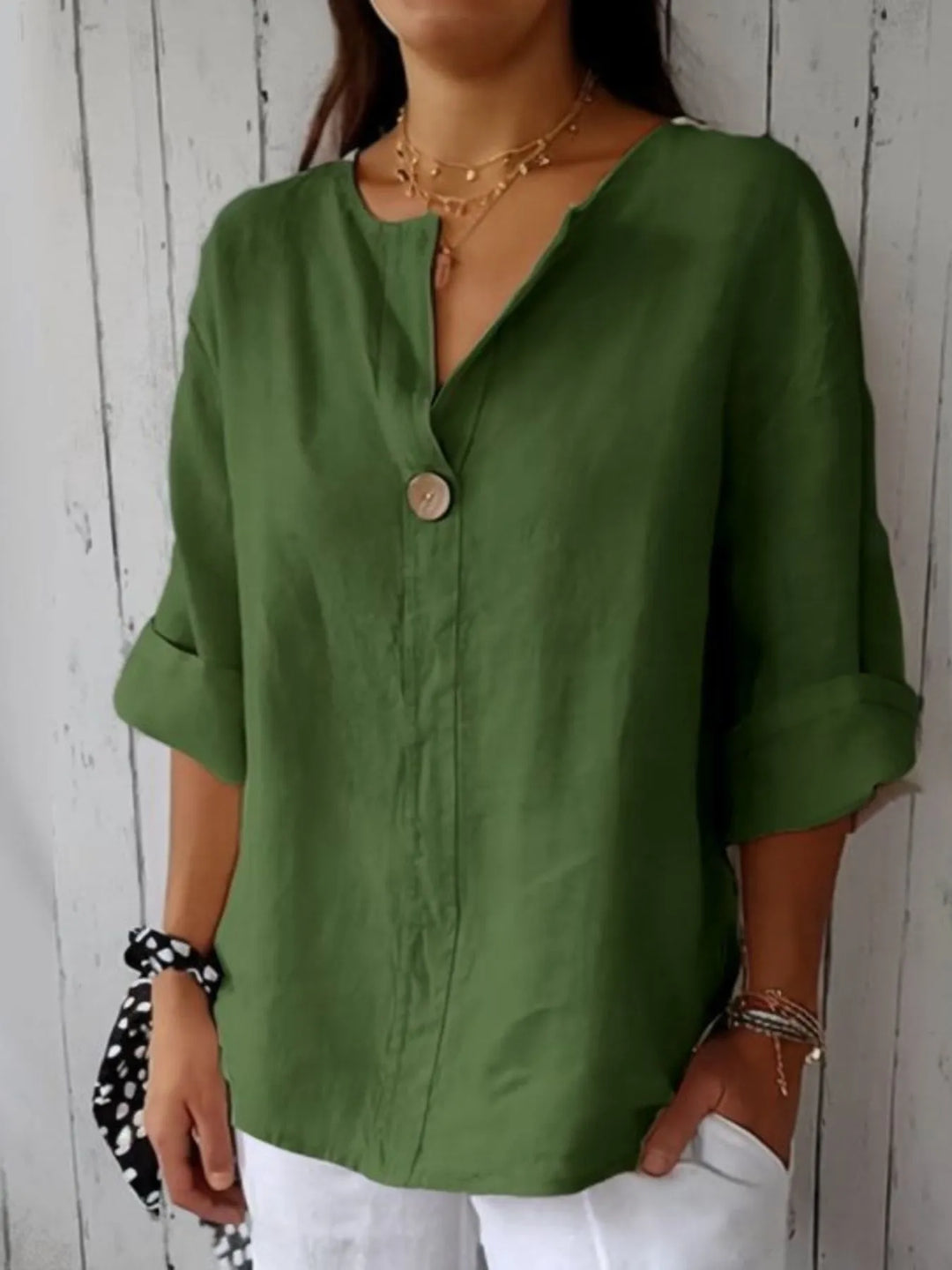 Apricot Full Size Linen Blend Notched Blouse Plus Size