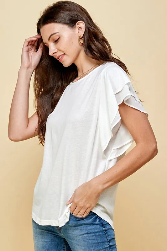 White Lime N Chili Round Neck Double Ruffle Cap Sleeve Top 1