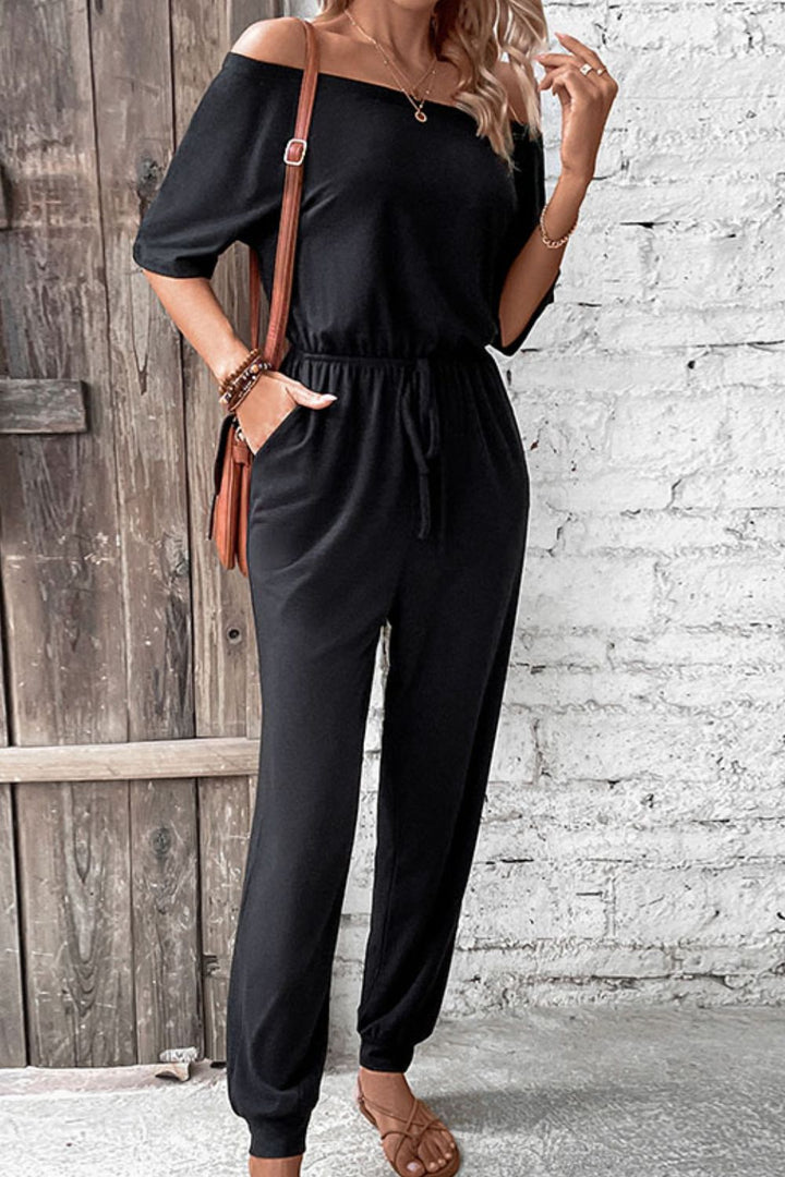 Black Perfee Off Shoulder Jumpsuit With Pockets