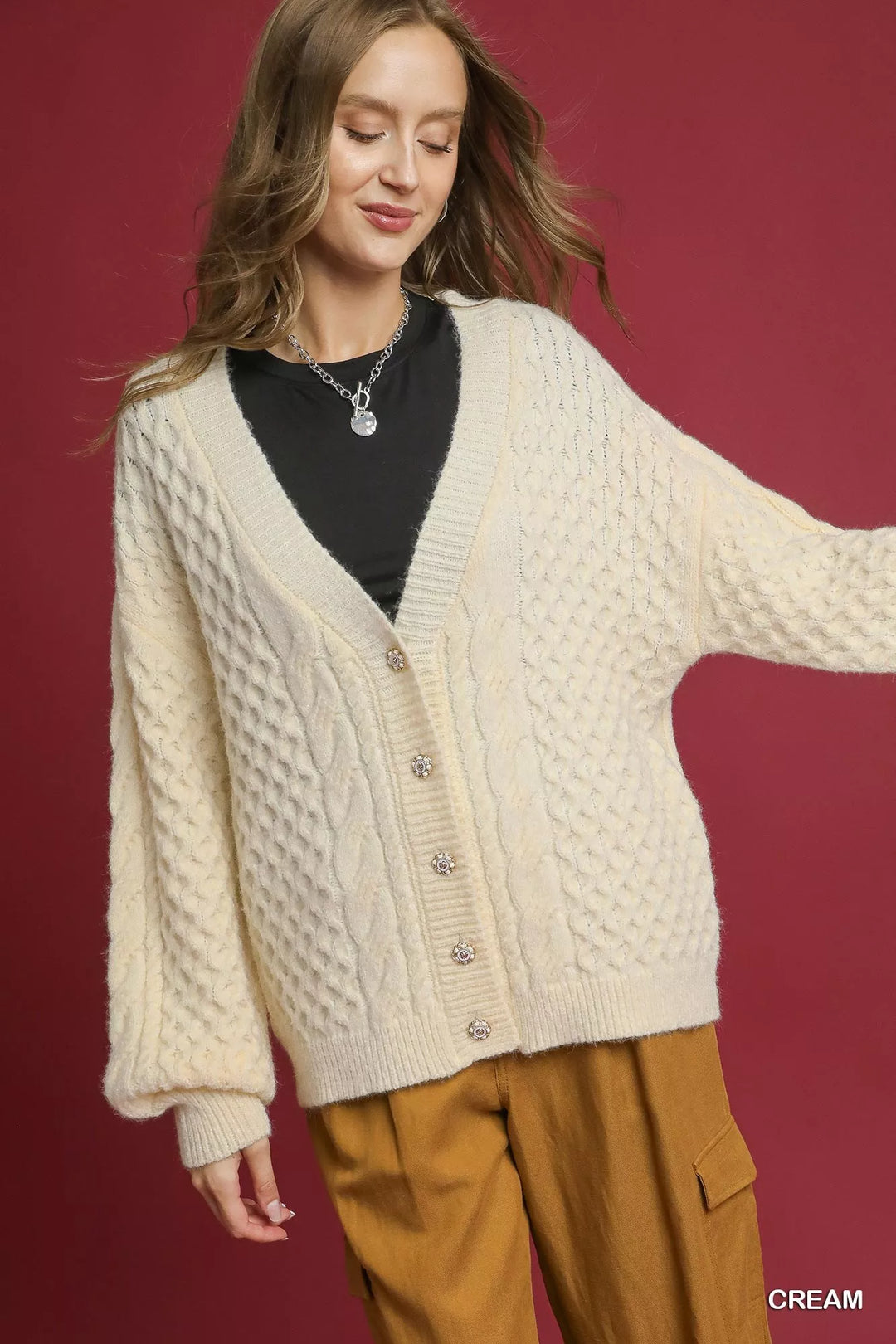 Cream Umgee Cable Knit Pearl Button Cardigan