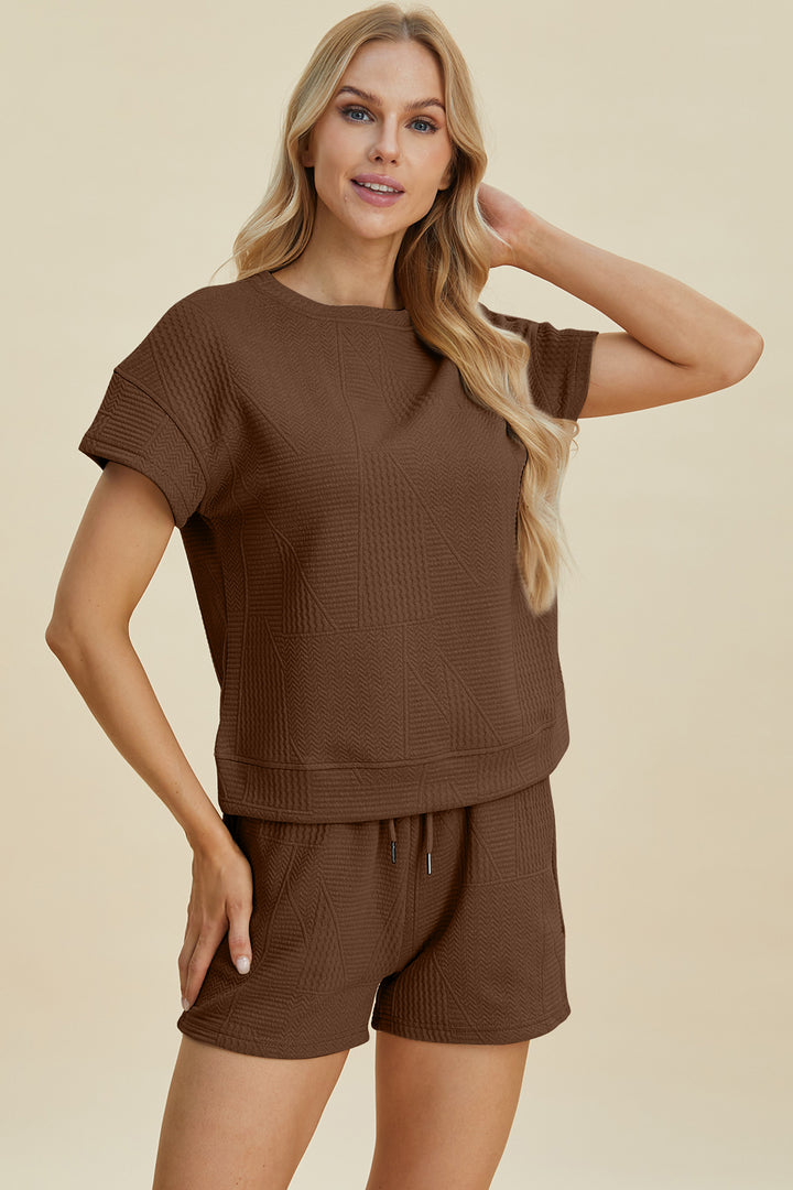 Cerulean Double Take Full Size Texture Short Sleeve Top And Shorts Set