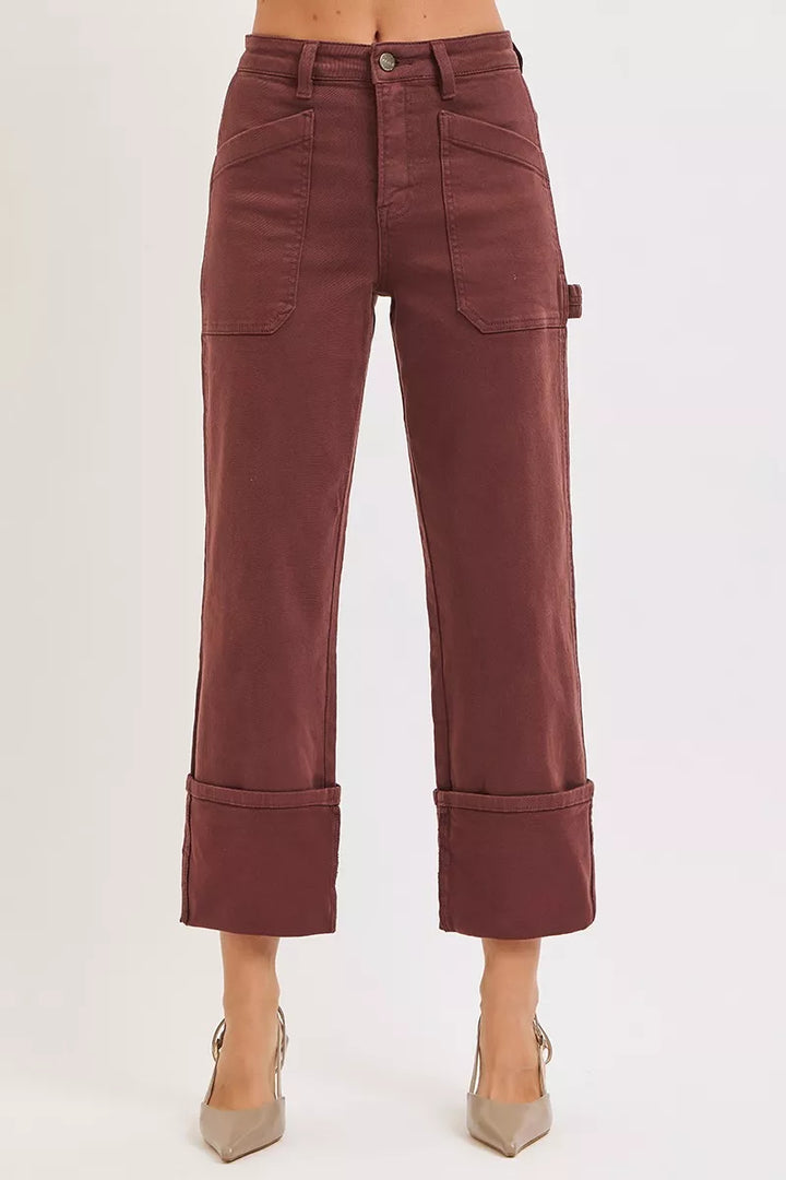 Choco Brown Risen Full Size High Rise Wide Straight Cuffed Patch Jeans Plus Size