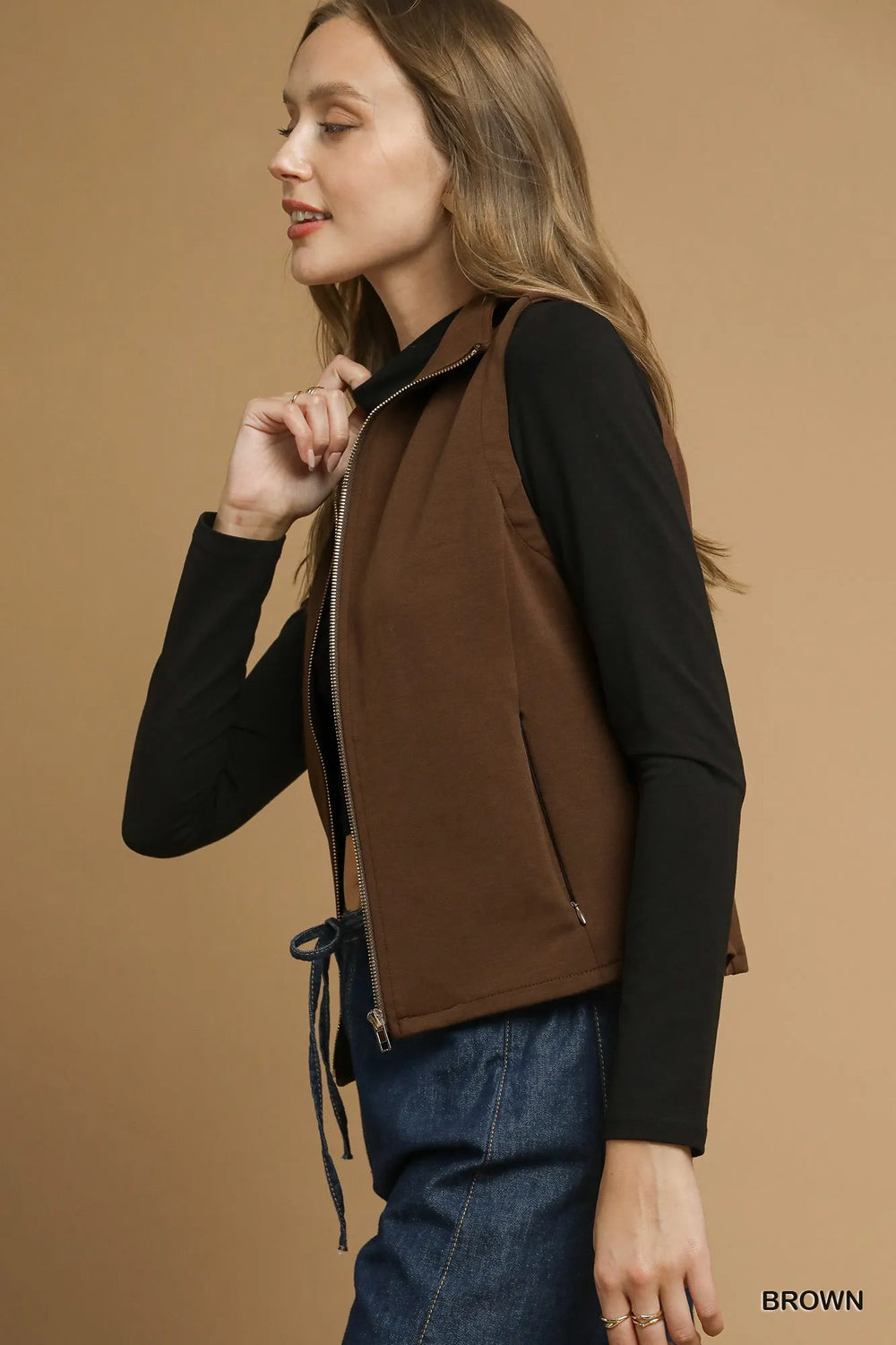 Brown Umgee Zip Front Fitted Vest With Pockets 1