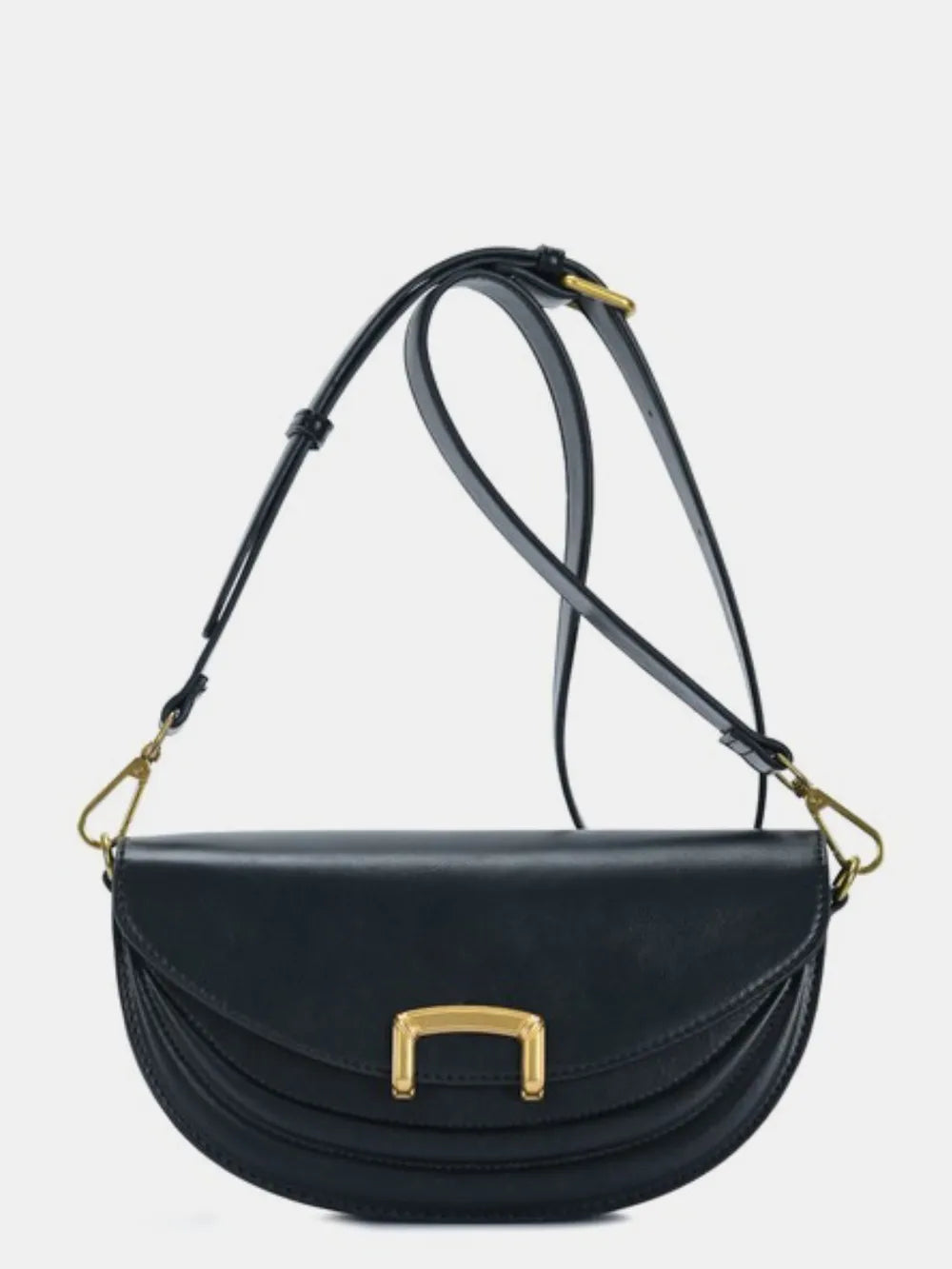Black Fame Buckle Closure Crescent Faux Leather Crossbody Bag