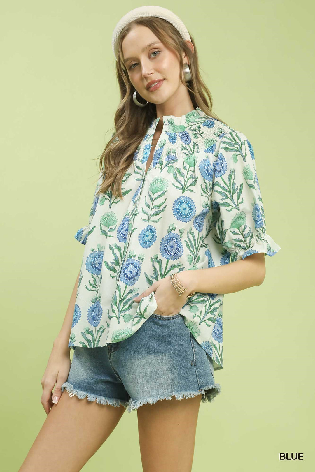 Blue Umgee Floral Button Front Short Sleeve Top 1