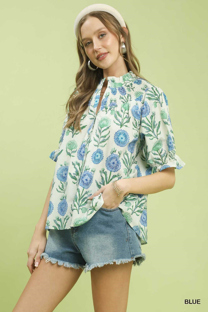 Blue Umgee Floral Button Front Short Sleeve Top 1