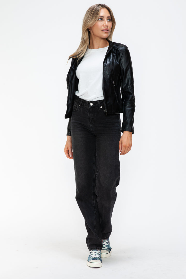 Snobbish Faux Leather Zip Up Drawstring Hooded Jacket 1