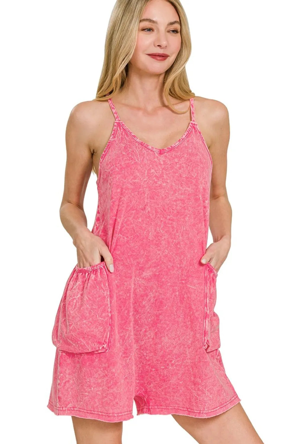 Fuchsia Zenana Acid Crinkle Washed Spaghetti Strap Romper