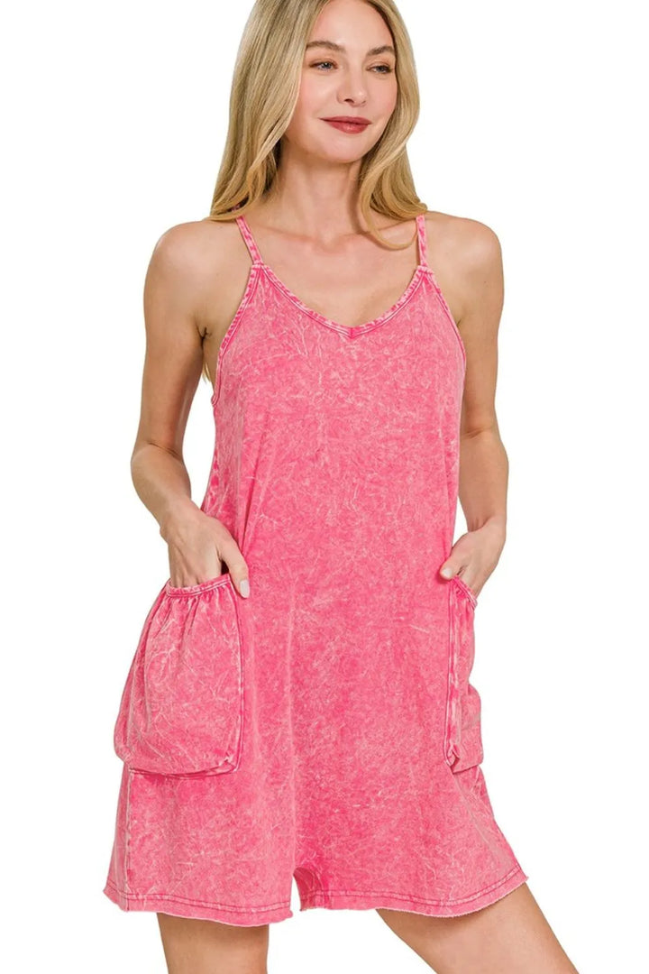 Fuchsia Zenana Acid Crinkle Washed Spaghetti Strap Romper