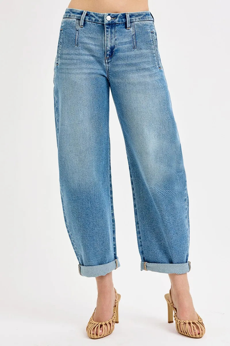 Medium Risen Full Size Mid Rise Fit Barrel Roll Up Jeans Plus Size