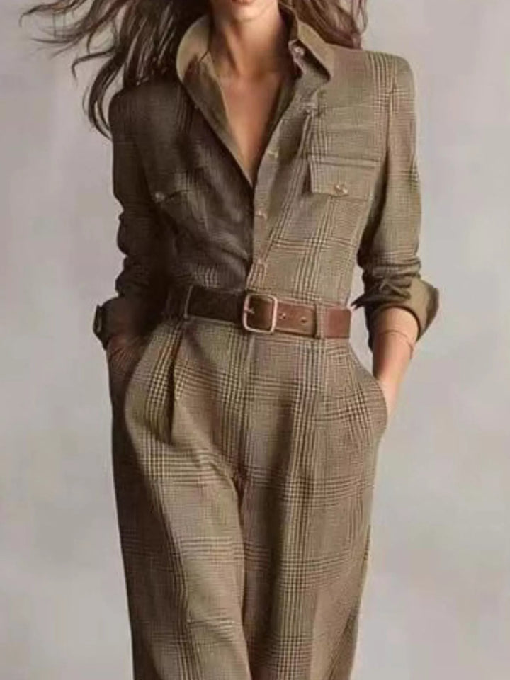 Grid Button Front Long Sleeve Jumpsuit