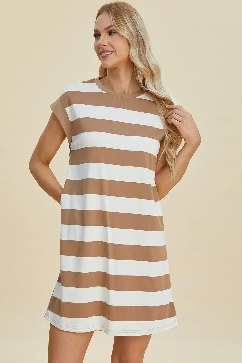 Camel Basic Bae Full Size Striped Round Neck Cap Sleeve Mini Dress