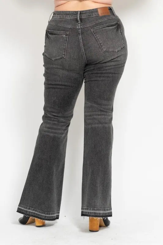 Gry Judy Blue Full Size Mid Rise Tummy Control Washed Gray Release Hem Flare Jeans Plus Size
