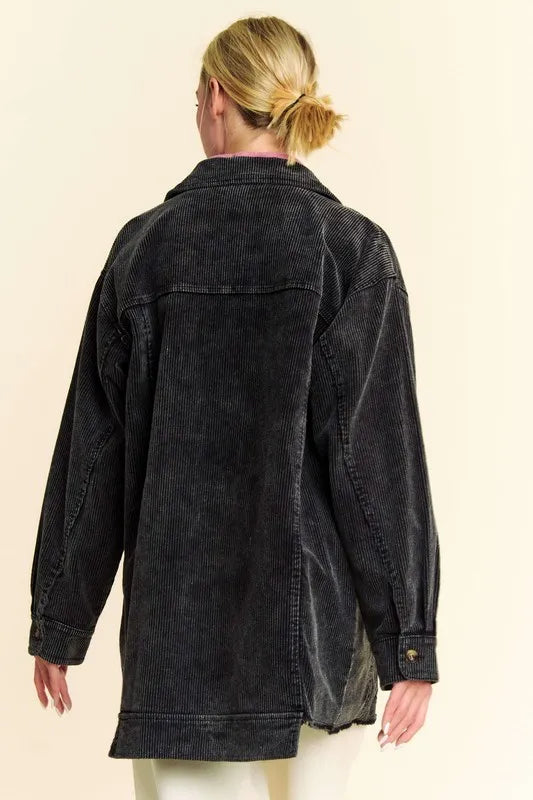 Black Davi Dani Washed Corduroy Raw Hem Button Up Jacket