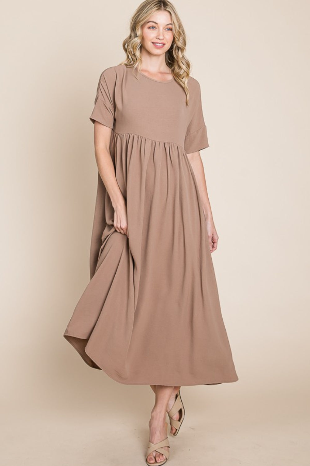 Mocha Bombom Round Neck Ruched Midi Dress