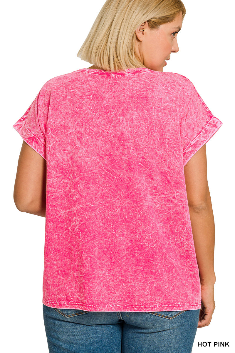 Hot Pink Zenana Full Size Crinkle Washed Round Neck Folded Short Sleeve Tee Plus Size
