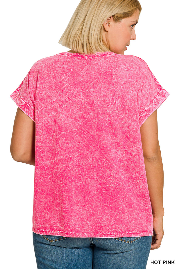 Hot Pink Zenana Full Size Crinkle Washed Round Neck Folded Short Sleeve Tee Plus Size
