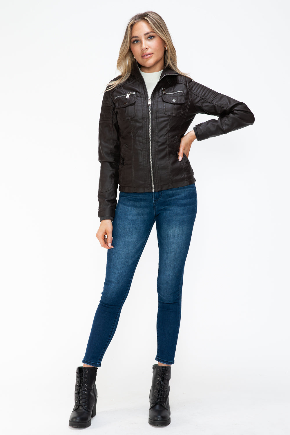Ymi Removable Faux Layered Multi Pocket Jacket With Fuzzy Hood 3