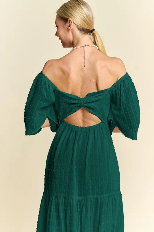 Davi Dani Swiss Dotted Ruched Ruffle Open Back Midi Dress 1
